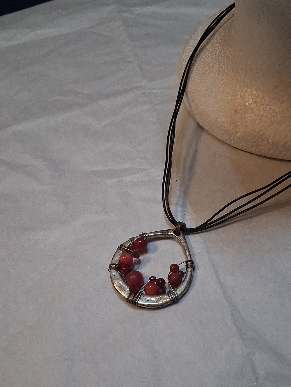 Hand Crafted Silver Circle Necklace with Red Beads